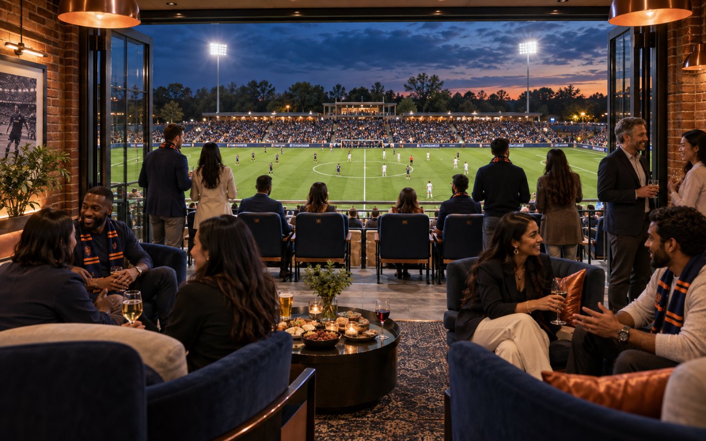 The Founders' Club lounge open to the pitch under the lights
