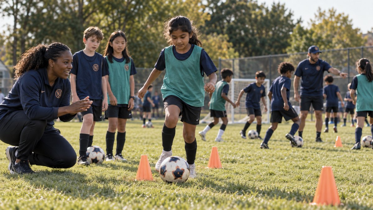 A New Jersey FC coach runs a free clinic for kids in club training tops