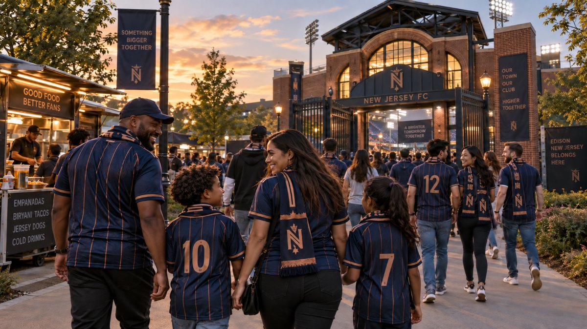 Families in navy and copper pinstripes walk to the NEXUS gates at dusk